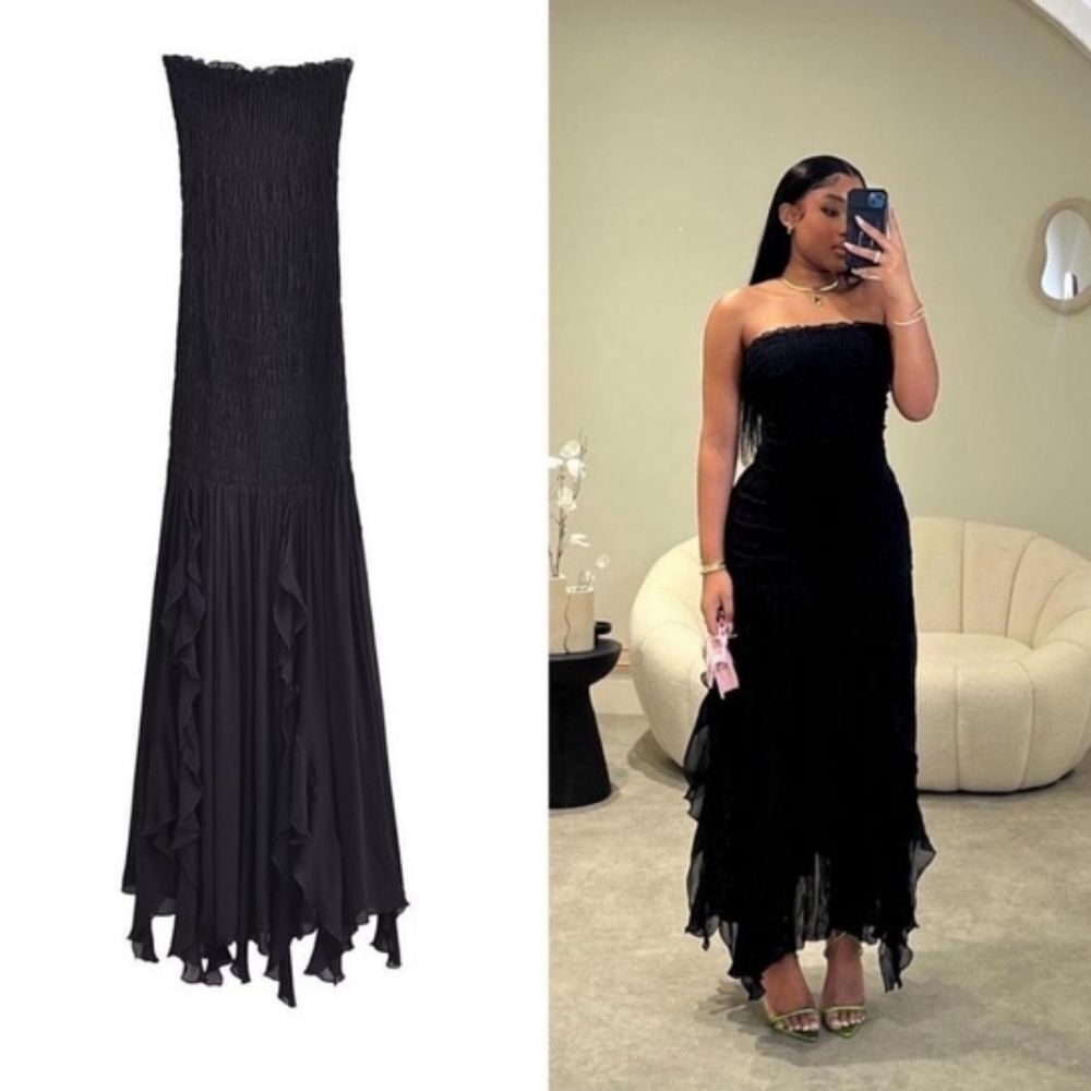 NWT ZARA MAXI BLACK RUSHED DRESS WITH TULLE